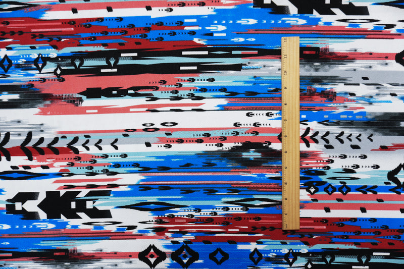 Blue-Multi Poly Abstract Ikat Printed Liverpool Double Knit Fabric