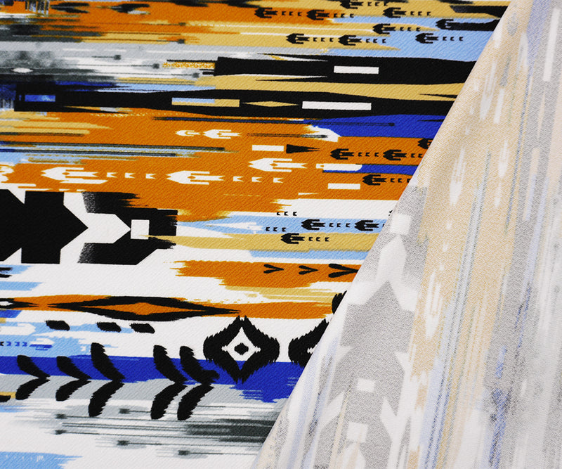 Brown-Blue-Multi Poly Abstract Ikat Liverpool Double Knit Fabric
