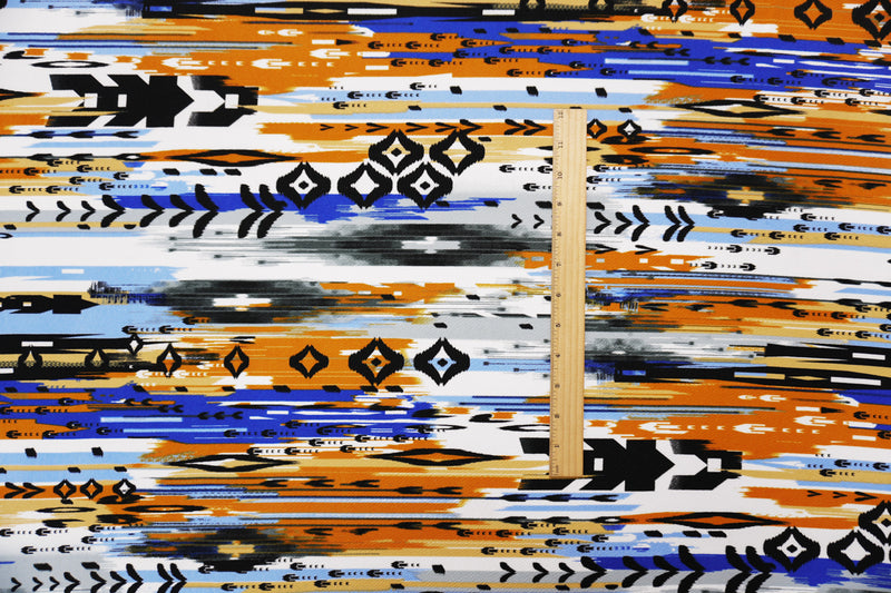 Brown-Blue-Multi Poly Abstract Ikat Liverpool Double Knit Fabric