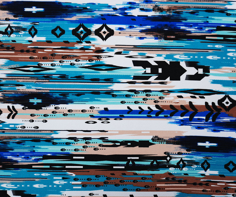 Blue-Multi Poly Abstrct Ikat Slub Liverpool Double Knit Fabric