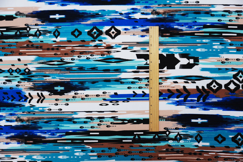 Blue-Multi Poly Abstrct Ikat Slub Liverpool Double Knit Fabric