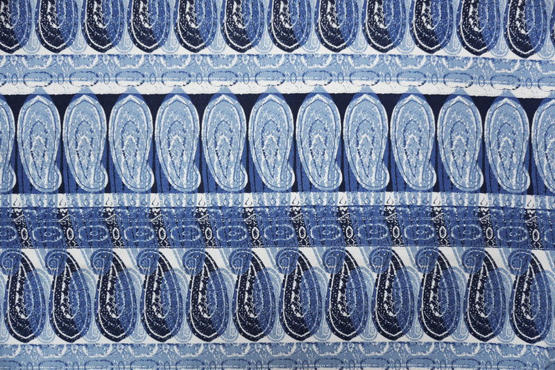 Blue-White Poly Paisley Printed Liverpool Double Knit Fabric