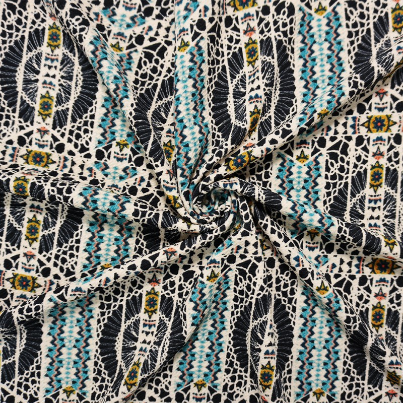 Black-Teal-Multi Poly Tribal Printed Liverpool Double Knit Fabric