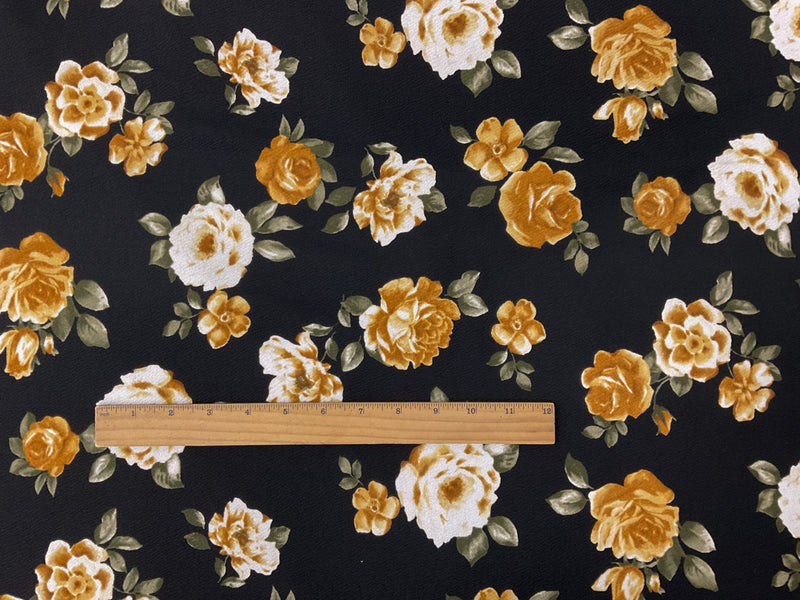 Black-Yellow Poly Floral Printed Liverpool Double Knit Fabric