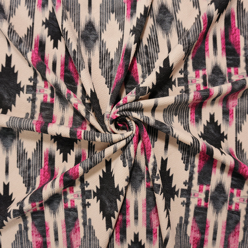 Beige-Red-Multi Poly Ikat Printed Liverpool Double Knit Fabric