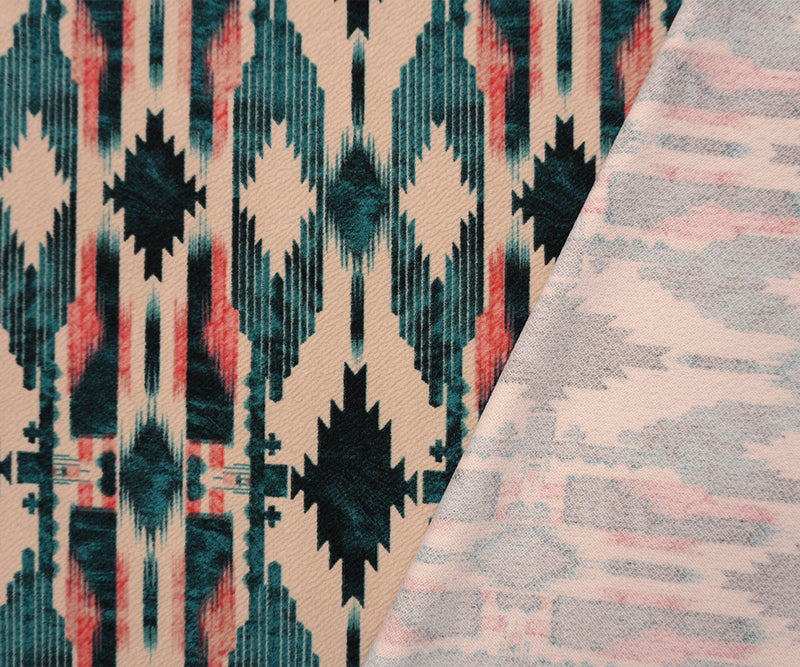Beige-Teal-Multi Poly Aztec Printed Liverpool Double Knit Fabric
