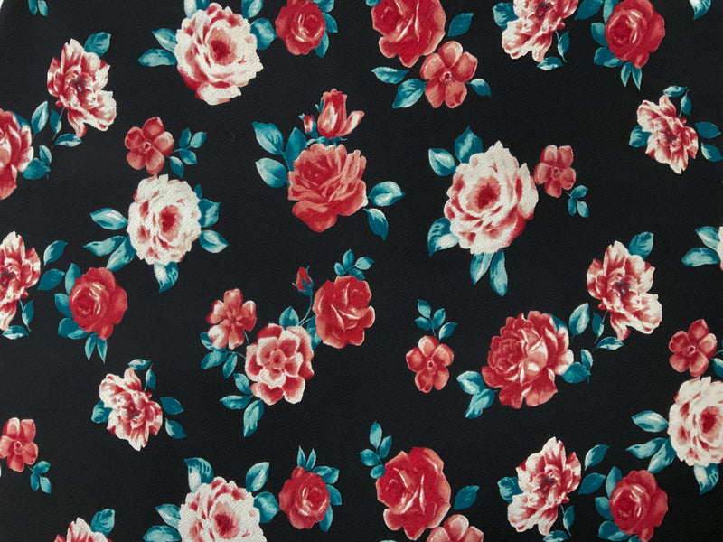 Black-Pink-Multi Poly Floral Printed Liverpool Double Knit Fabric