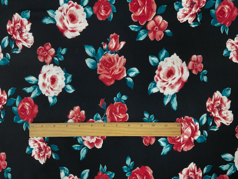 Black-Pink-Multi Poly Floral Printed Liverpool Double Knit Fabric