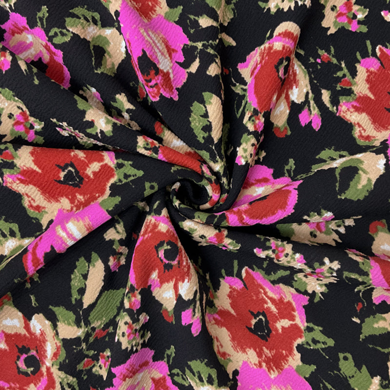 Black-Red-Multi Poly Floral Printed Liverpool Double Knit Fabric