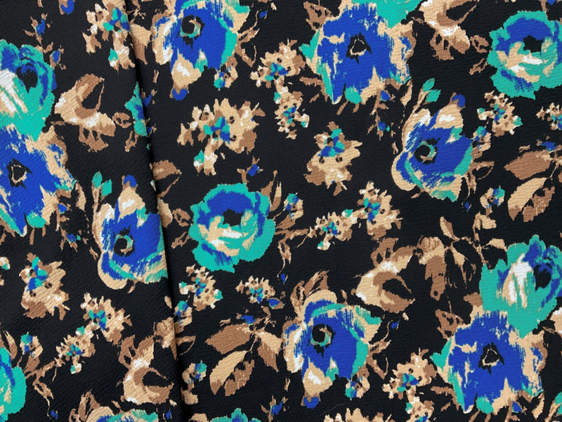 Black-Blue-Multi Poly Floral Printed Liverpool Double Knit Fabric
