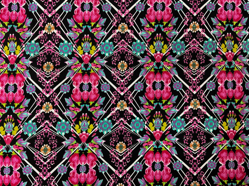 Black-Pink-Multi Poly Floral Print Liverpool Double Knit Fabric
