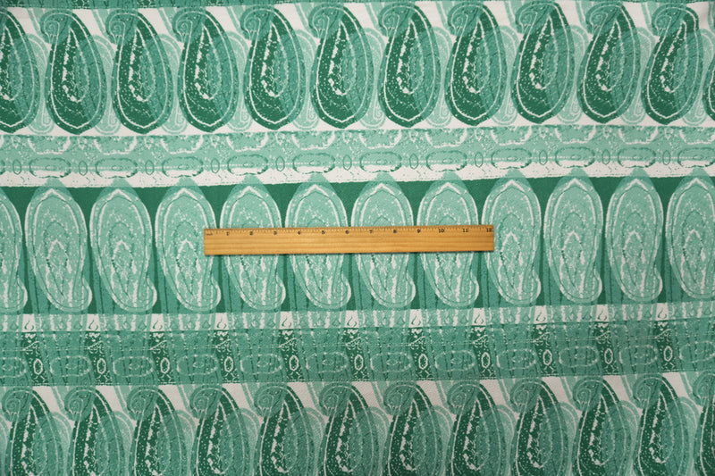 Green-White Poly Paisley Printed Liverpool Double Knit Fabric