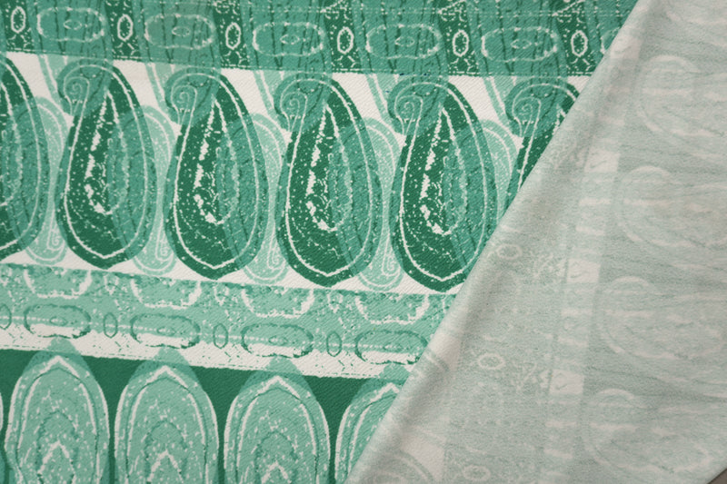 Green-White Poly Paisley Printed Liverpool Double Knit Fabric