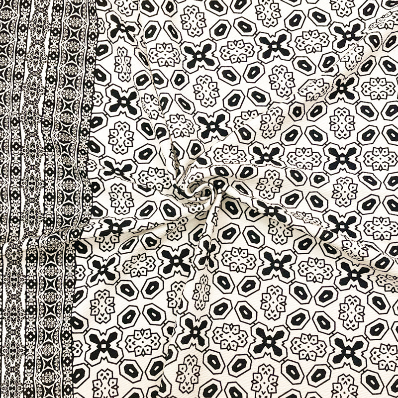 Black-White Poly Geometric Border Liverpool Double Knit Fabric