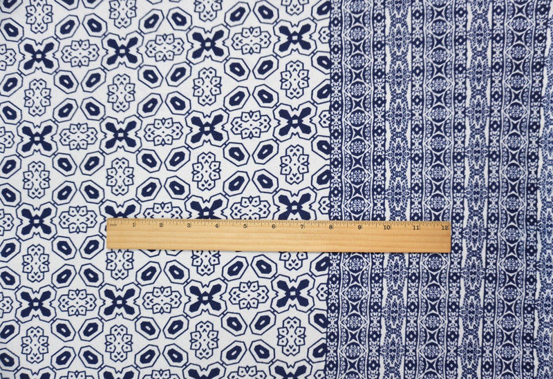 Blue-White Poly Geometric Border Liverpool Double Knit Fabric