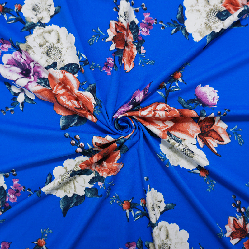 Blue-Orange-Multi Poly Floral Double Brushed Jersey Knit Fabric