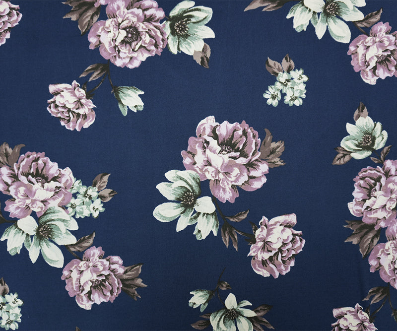 Blue-Purple-Multi Poly Floral Double Brushed Jersey Knit Fabric