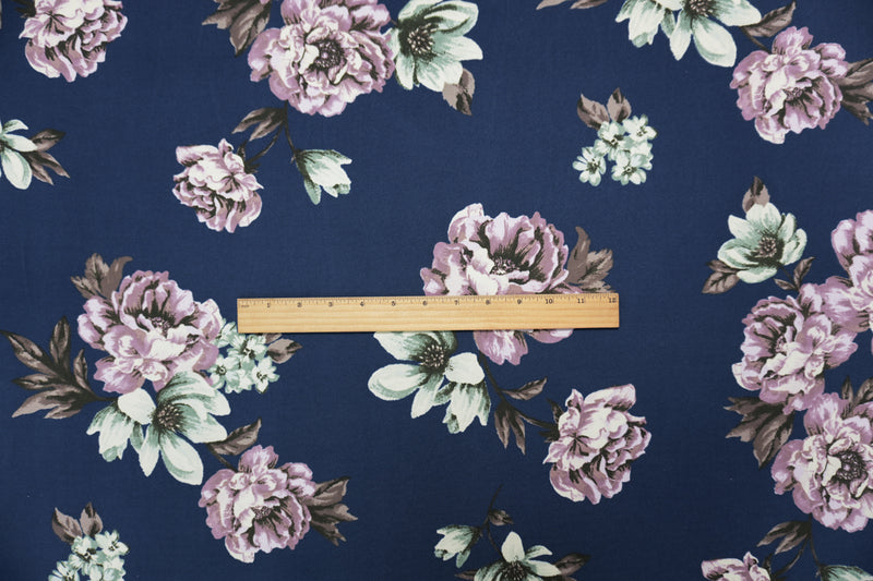 Blue-Purple-Multi Poly Floral Double Brushed Jersey Knit Fabric