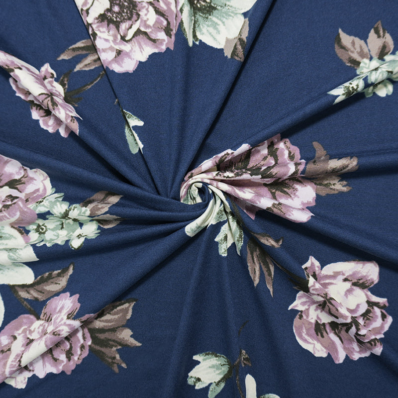 Blue-Purple-Multi Poly Floral Double Brushed Jersey Knit Fabric