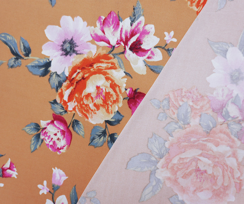 Tan Beige-Multi Poly Floral Double Brushed Jersey Knit Fabric