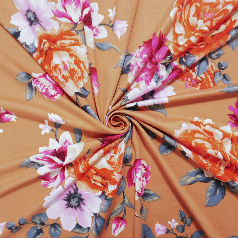 Tan Beige-Multi Poly Floral Double Brushed Jersey Knit Fabric