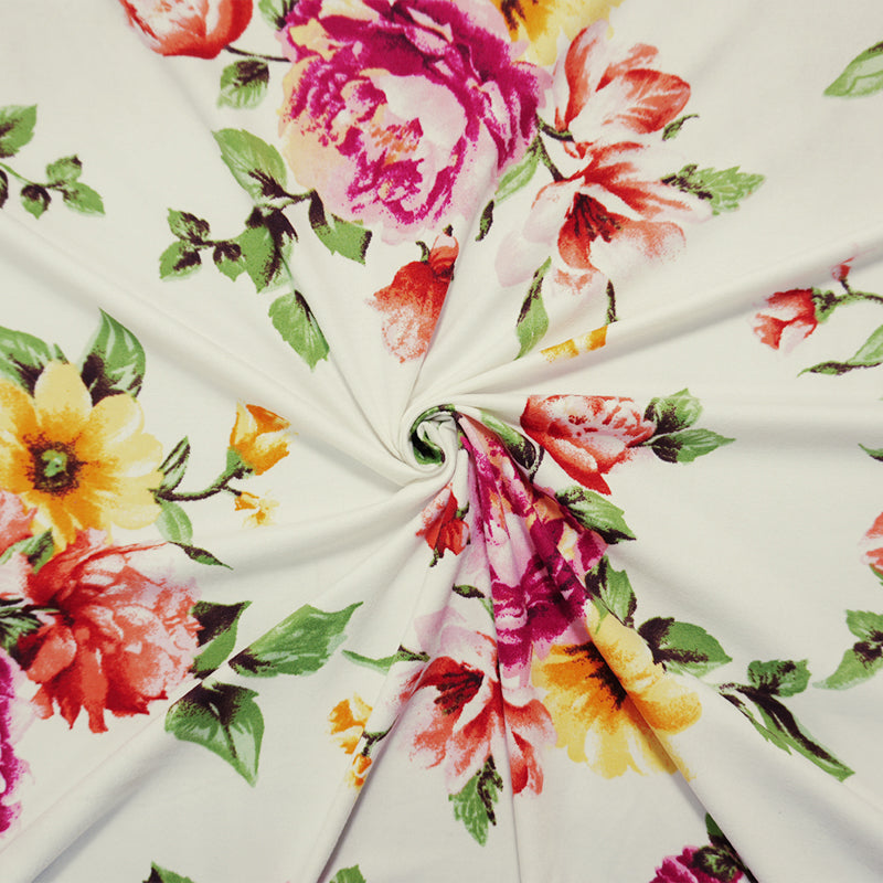 Ivory-Red-Multi Poly Floral Double Brushed Jersey Knit Fabric