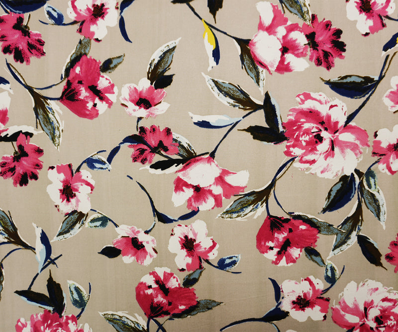 Taupe-Pink-Multi Poly Floral Double Brushed Jersey Knit Fabric