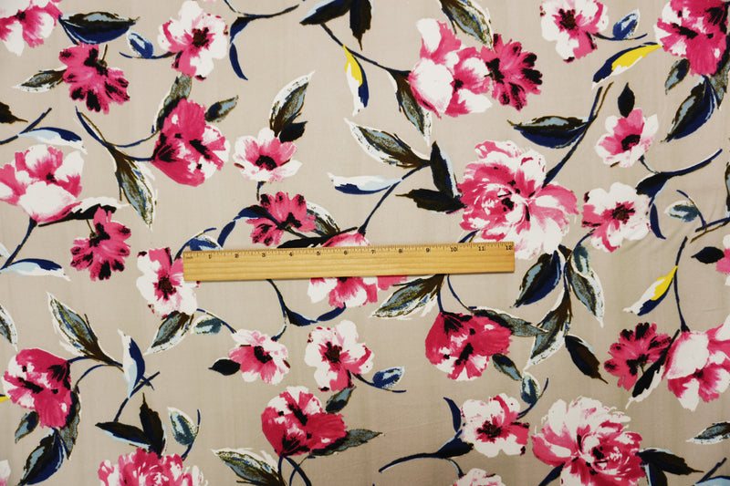 Taupe-Pink-Multi Poly Floral Double Brushed Jersey Knit Fabric