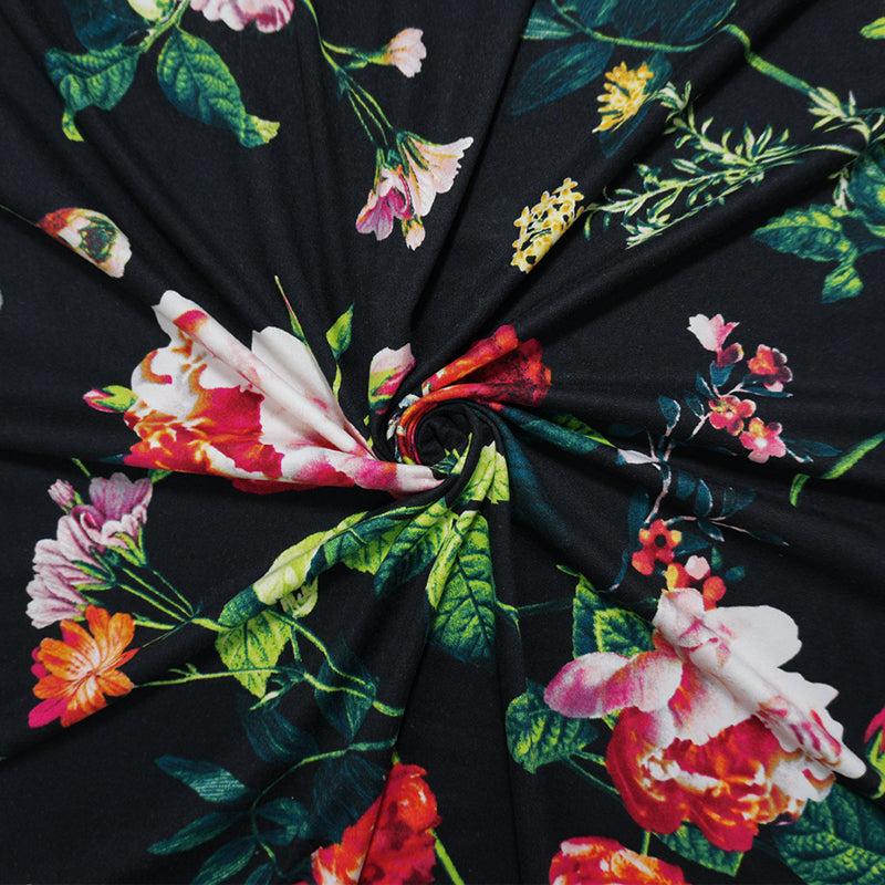 Black-Red-Green Poly Floral Double Brushed Jersey Knit Fabric