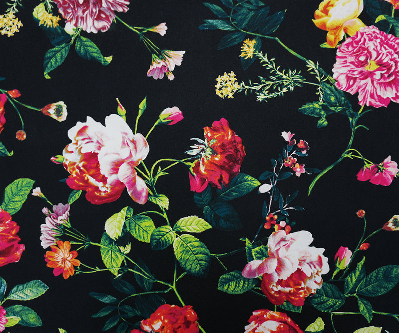 Black-Red-Green Poly Floral Double Brushed Jersey Knit Fabric