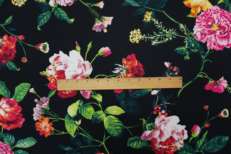 Black-Red-Green Poly Floral Double Brushed Jersey Knit Fabric