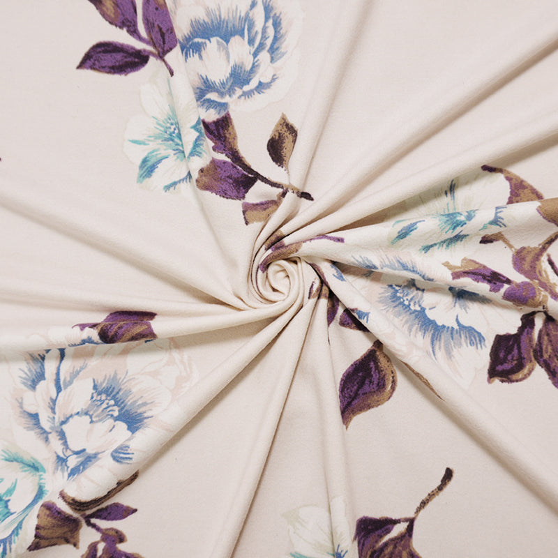 Light Beige-Purple Poly Floral Double Brushed Jersey Knit Fabric