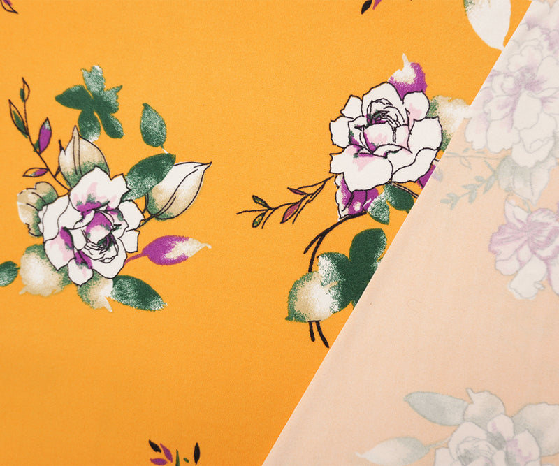 Yellow-White-Multi Poly Floral Double Brushed Jersey Knit Fabric