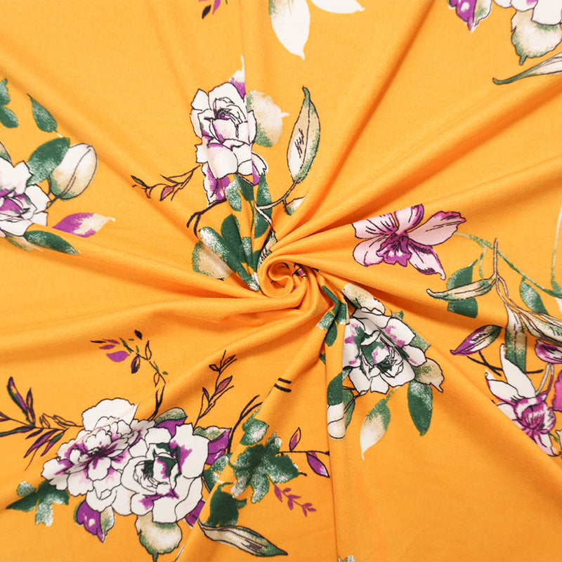 Yellow-White-Multi Poly Floral Double Brushed Jersey Knit Fabric