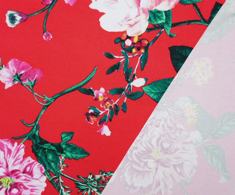 Red-Burgundy-Multi Poly Floral Double Brushed Jersey Knit Fabric