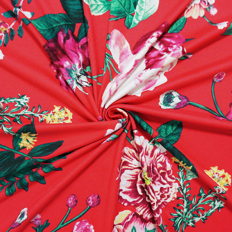 Red-Burgundy-Multi Poly Floral Double Brushed Jersey Knit Fabric