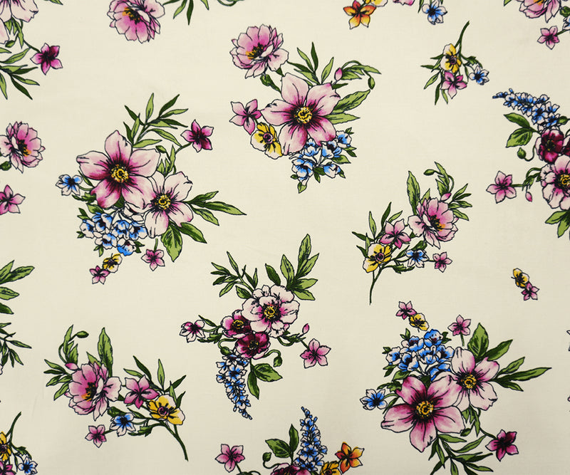Ivory-Pink-Multi Poly Floral Double Brushed Jersey Knit Fabric
