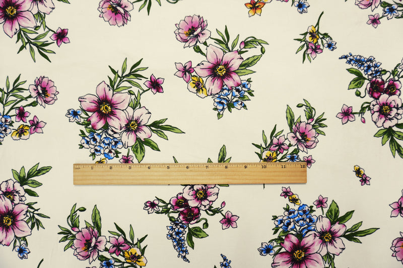 Ivory-Pink-Multi Poly Floral Double Brushed Jersey Knit Fabric