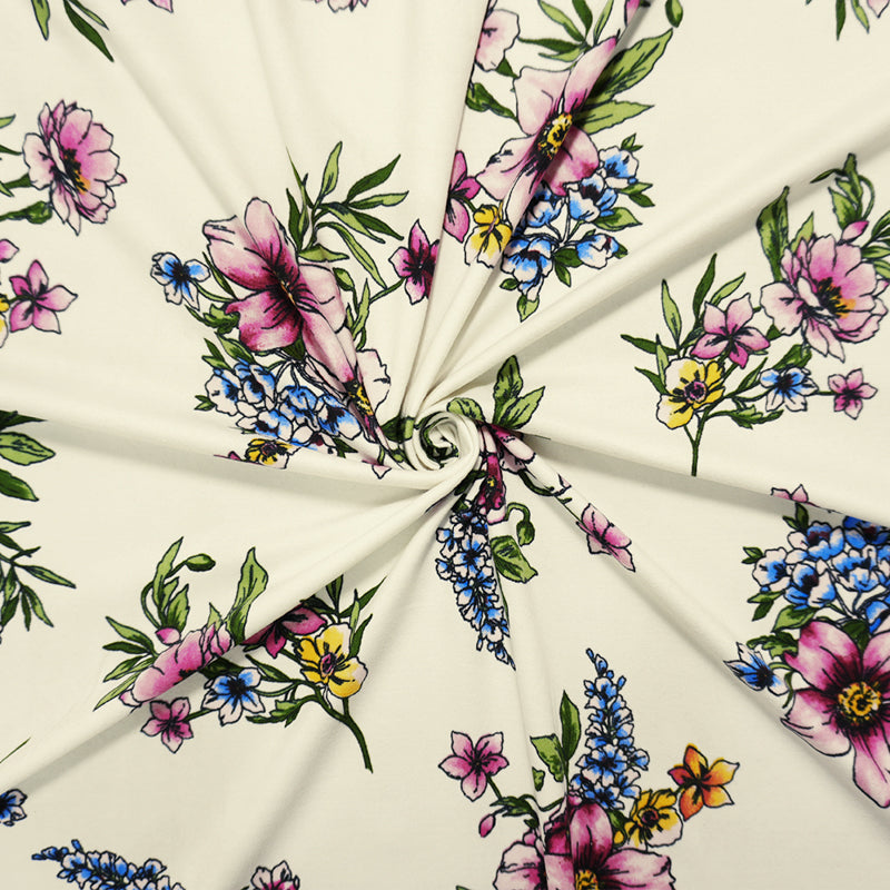 Ivory-Pink-Multi Poly Floral Double Brushed Jersey Knit Fabric