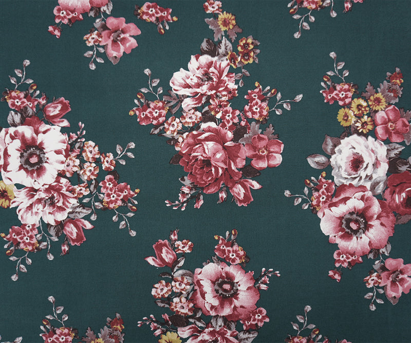 Deep Green-Red-Multi Poly Floral Double Brush Jersey Knit Fabric