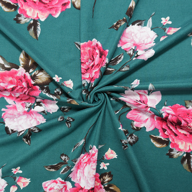 Green-Pink-Multi Poly Floral Double Brushed Jersey Knit Fabric