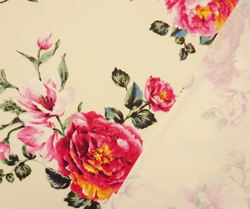 Beige-Red-Multi Poly Floral Double Brushed Jersey Knit Fabric