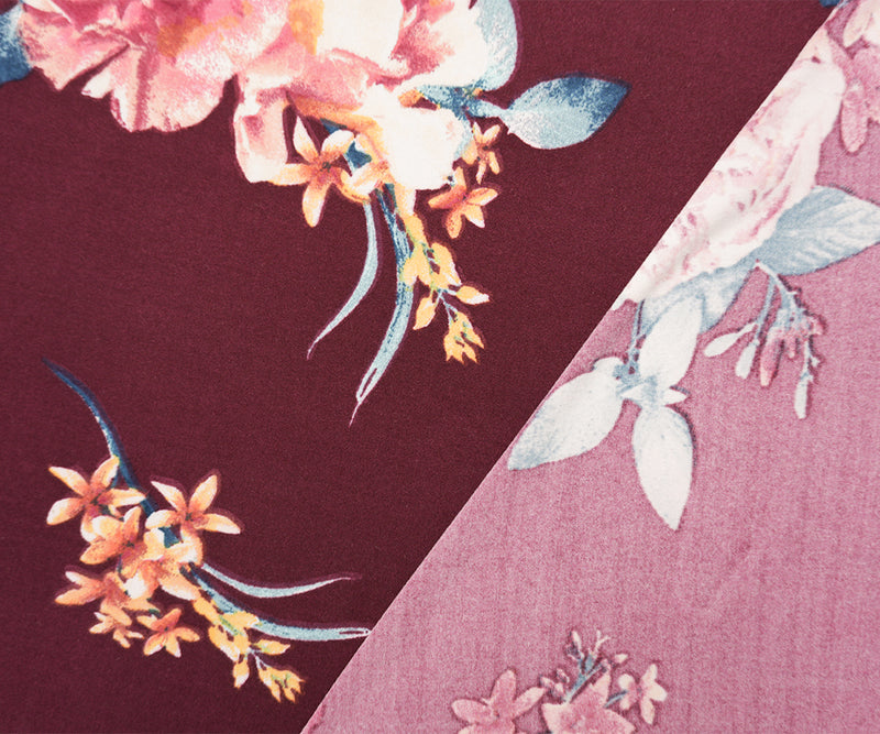 Burgundy-Pink-Multi Poly Floral Double Brushed Jersey Knit Fabric