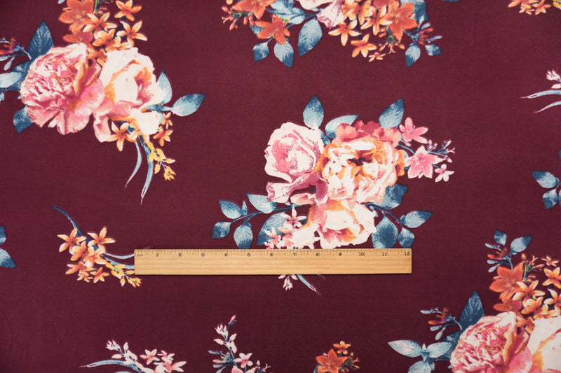 Burgundy-Pink-Multi Poly Floral Double Brushed Jersey Knit Fabric