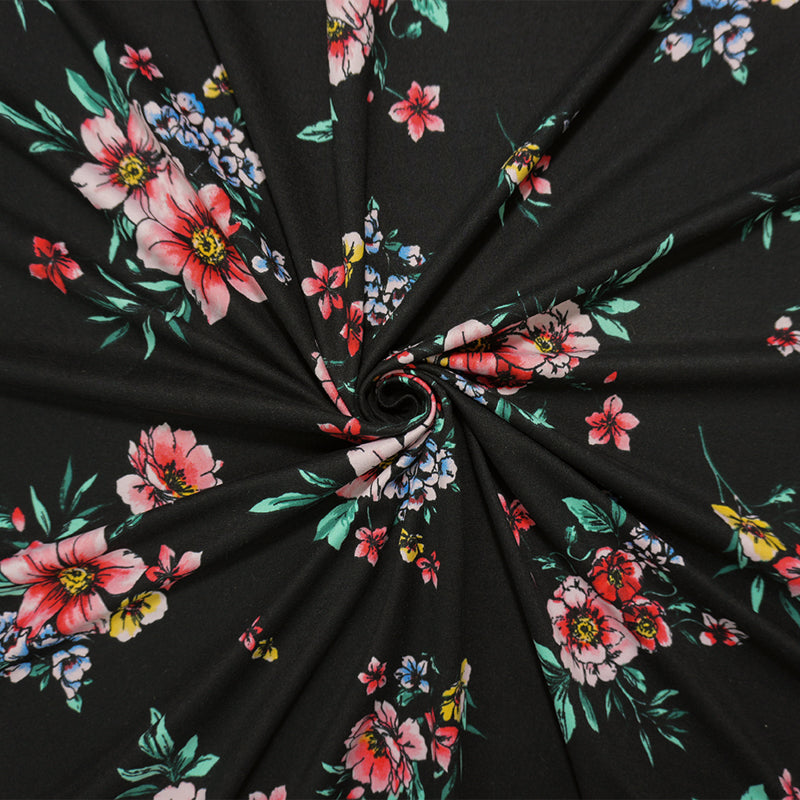Black-Red-Green Poly Floral Double Brushed Jersey Knit Fabric