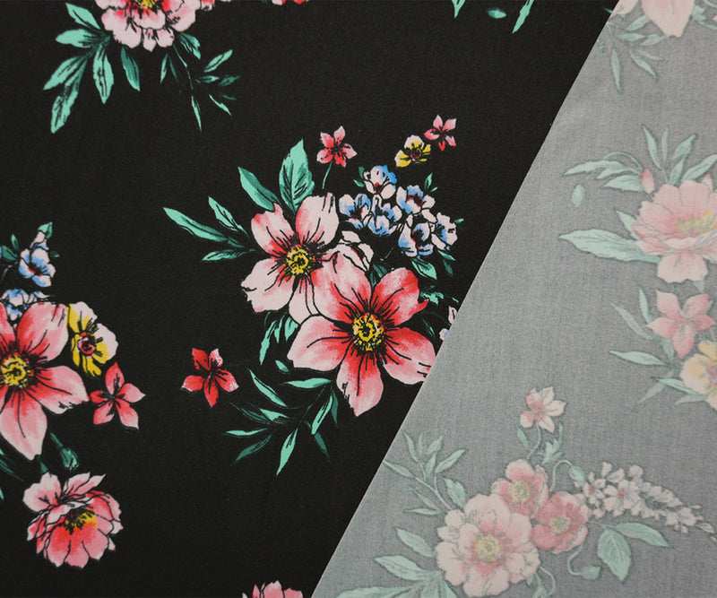 Black-Red-Green Poly Floral Double Brushed Jersey Knit Fabric