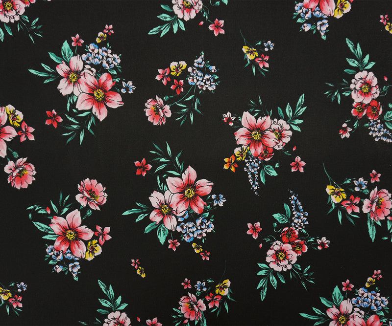 Black-Red-Green Poly Floral Double Brushed Jersey Knit Fabric
