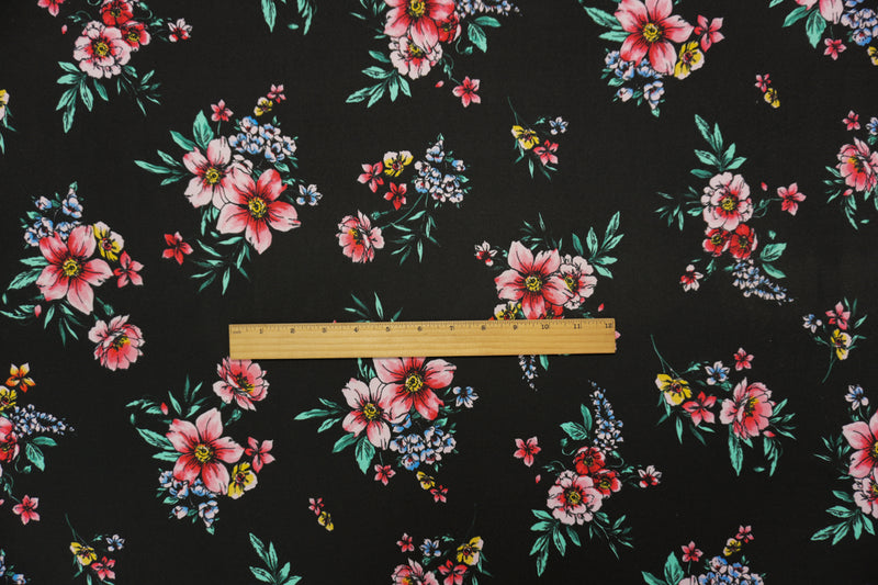 Black-Red-Green Poly Floral Double Brushed Jersey Knit Fabric