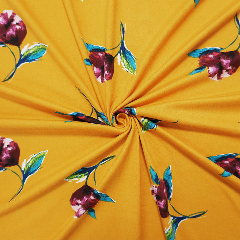 Yellow-Multi Poly Floral Double Brushed Jersey Knit Fabric