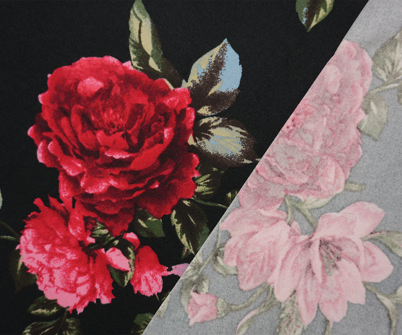 Black-Red-Multi Poly Floral Double Brushed Jersey Knit Fabric